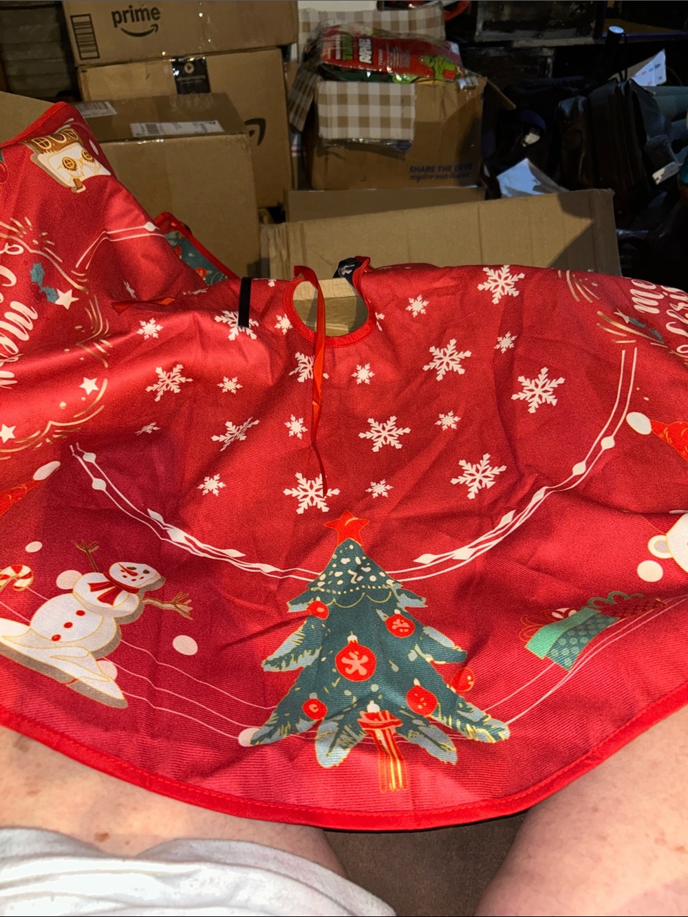 Red Christmas Tree Skirt with Snowflake and Snowman Print